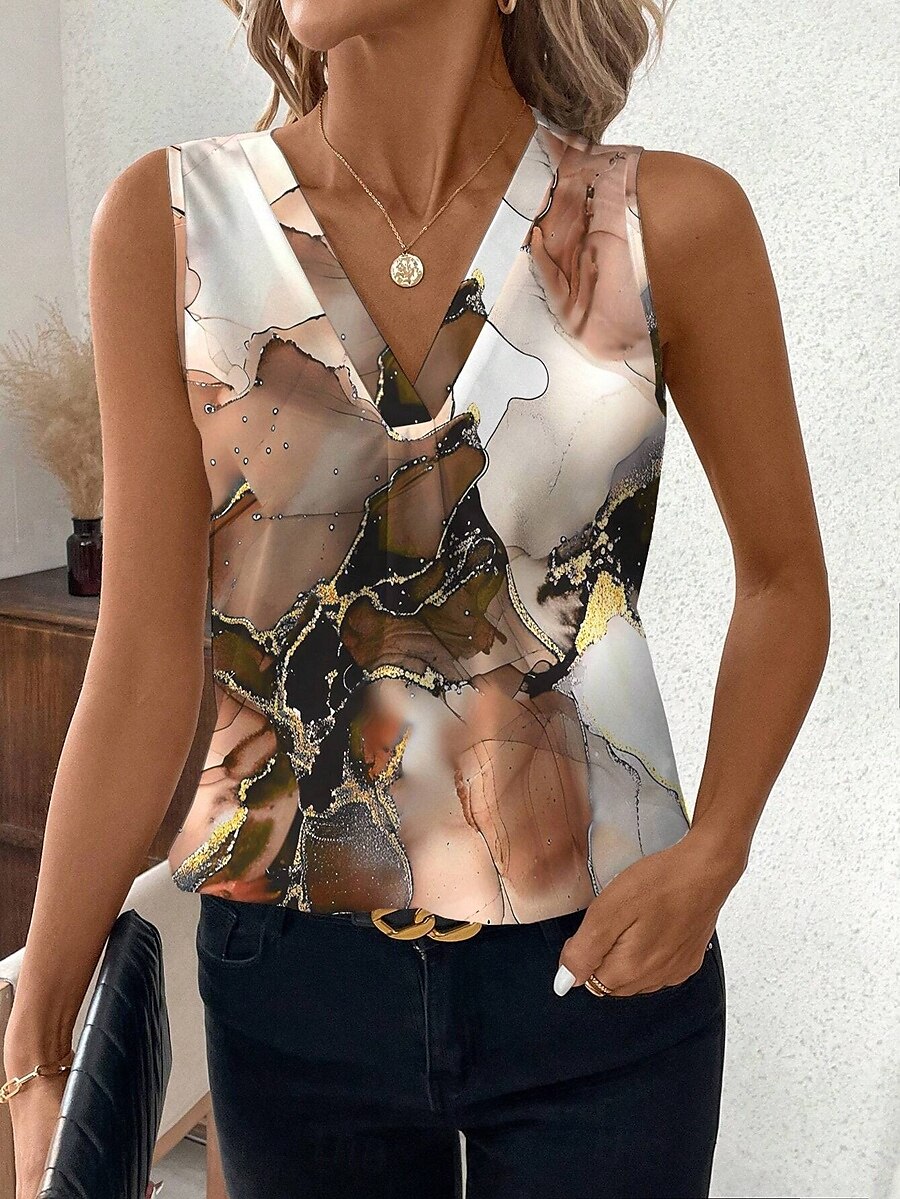 نسائي قميص داخلي بدون أكمام ظل الرسم مجرد أنيق كاجوال بدون كم V رقبة قمصان عادية مناسب للبس اليومي طباعة جمل الصيف 2025 - $19.99 –P1
