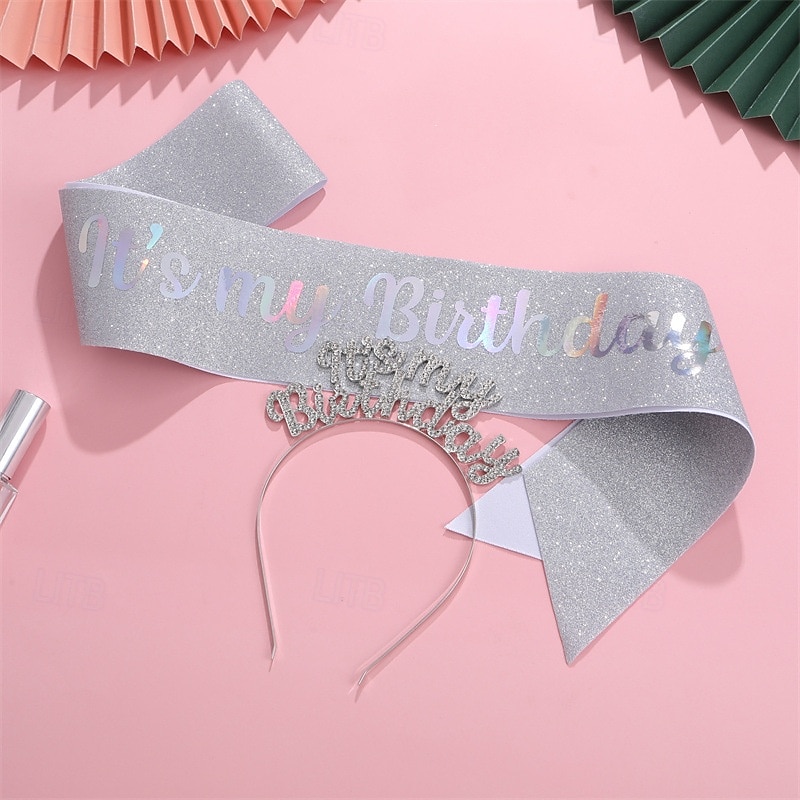verjaardagsfeestje modieuze verjaardagsversieringen 2-delige set voor meisjes en vrouwen hoofdband en sjerp met 'it's my birthday' verkrijgbaar in meerdere kleurencombinaties 2025 - $9.99 –P8