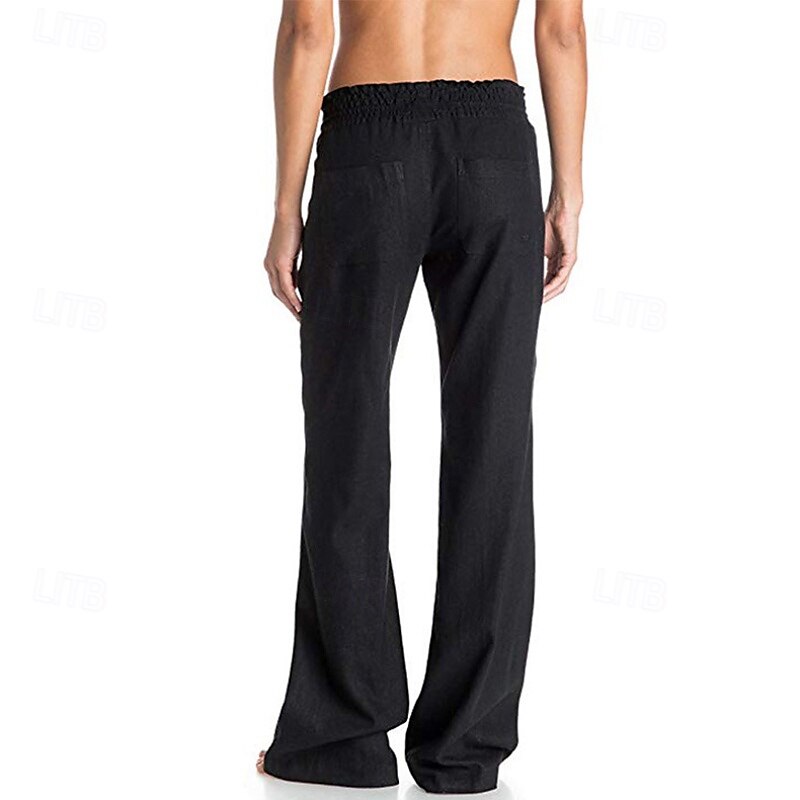 Dame Linbukser i bomull Palazzo bukser Mote Gatemote Full lengde Naturlig عادي Lomme Elastisk snordesign comfy Utendørs Bekvem Gate Dagligdagstøy Ut på byen Aprikos Hyasint Svart Hvit Sommer Normal 2025 - $22.99 –P5