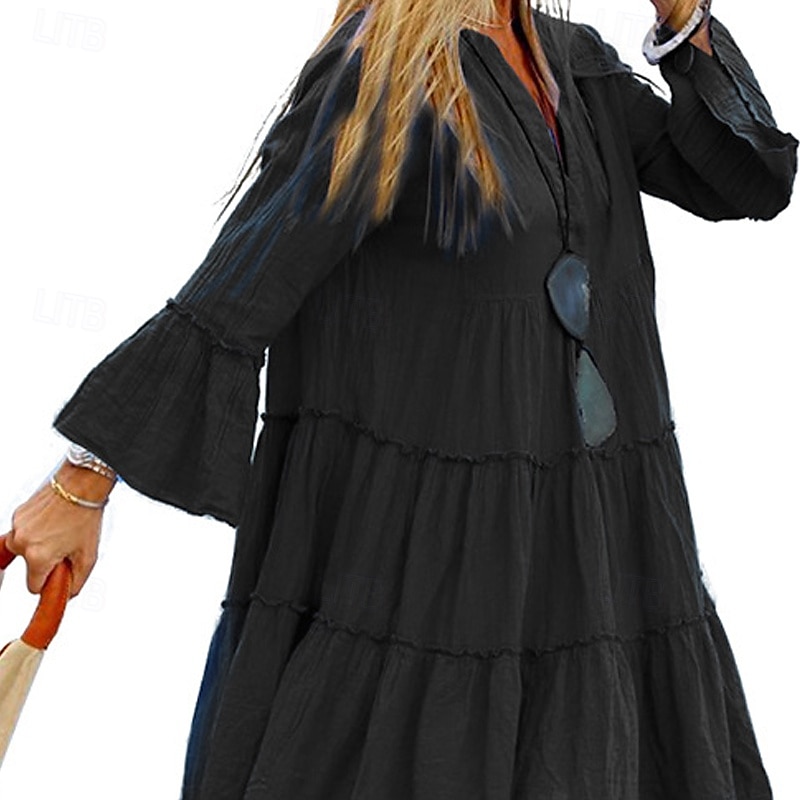 Damen Minikleid Baumwoll-Leinen-Kleider Baumwoll-Leinenkleid Mode Modern Urlaub Täglich Ausgehen Normale Passform Einfach Langarm V Ausschnitt Schwarz Sommer 2025 - $36.99 –P3