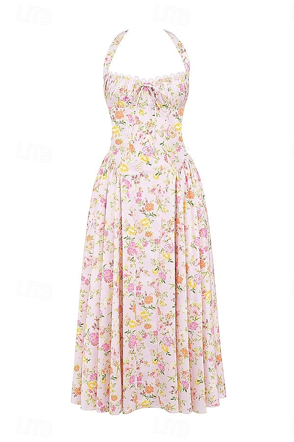Retro Vintage Medieval Renaissance Midi Dress Flare Dress Ren Faire Halter Regency Inspired Floral Women's Masquerade Wedding Vacation Casual Daily Adults' Dress Summer 2025 - $32.99 –P1