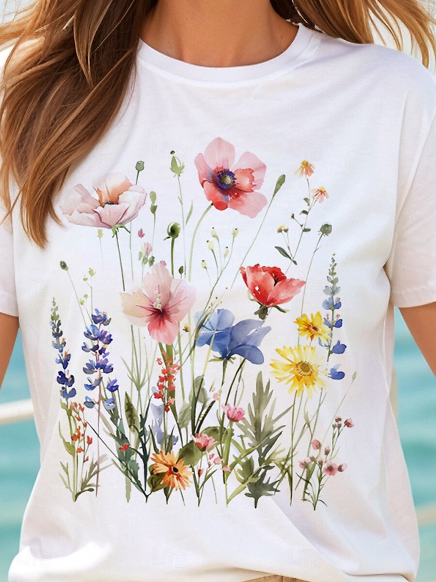 Dame T skjorte Bomullsskjorte Blomstret Grafisk Fritid Kortermet Rund hals Vanlige topper Daglig Trykt mønster Hvit Sommer 2025 - $19.99 –P3