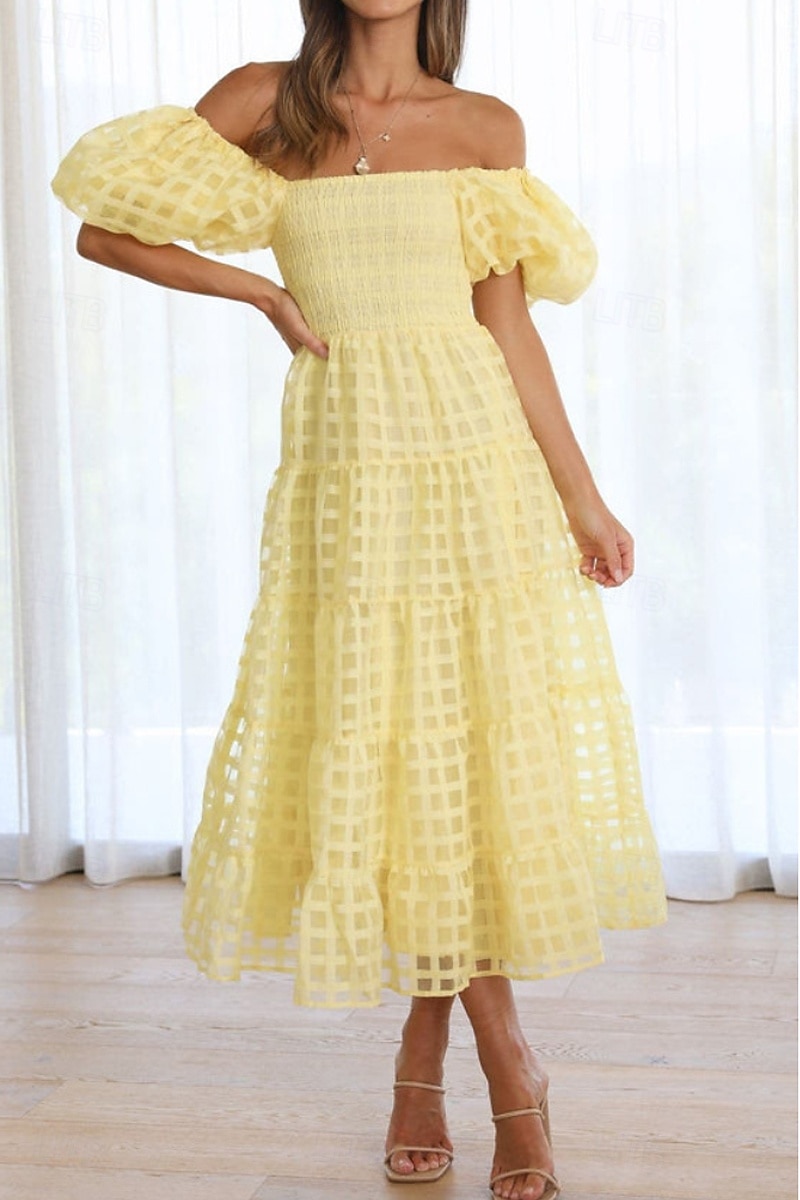 Women's Midi Dress Graduation Dress Fashion Modern Lantern Sleeve Vacation Graduation Weekend Regular Fit Plain Short Sleeve Off Shoulder Black White Yellow Pink Summer 2025 - $27.99 –P15