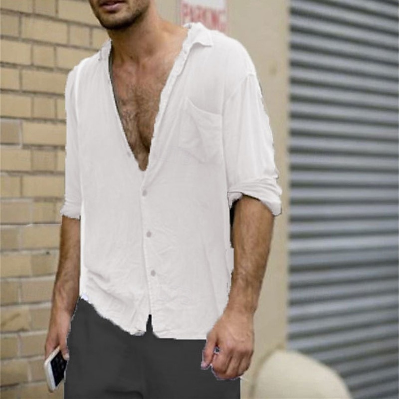 Per uomo Camicia Camicia di lino Camicia in cotone e lino Camicia casual Camicia con Bottoni Semplice Vacanza Streetwear Bianco Verde Grigio Manica Lunga Bavero Estate Abbigliamento Tasca del 2025 a $21.99 –P3