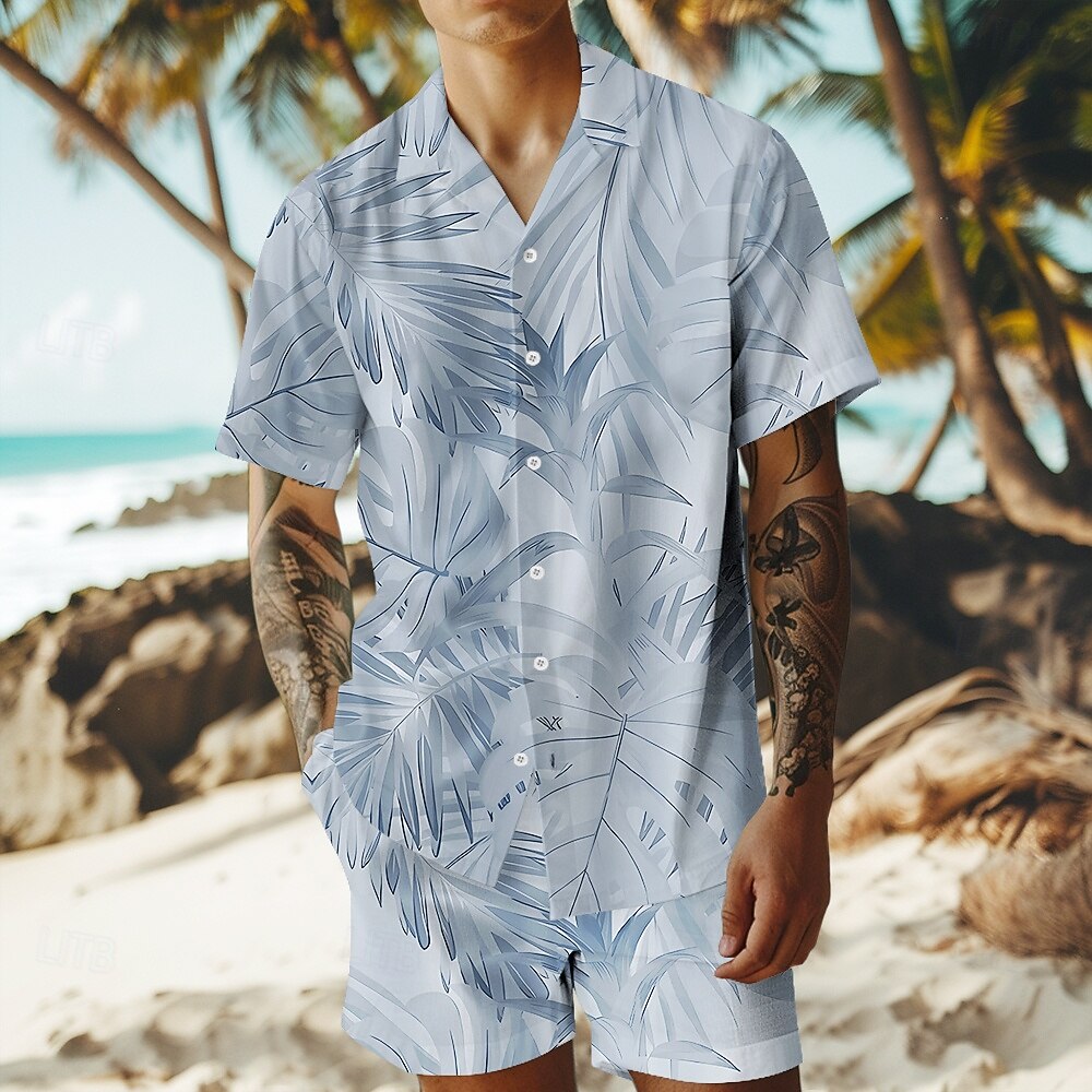 Herre Trær / blader 2stk Skjorter sett Hawaii skjorte Kortermet Korte bukser cubansk krage Ferie Avslappet Strandferie 3D-utskrift Sommer Grå Hvit Lysegrønn 2025 - $32.99 –P3
