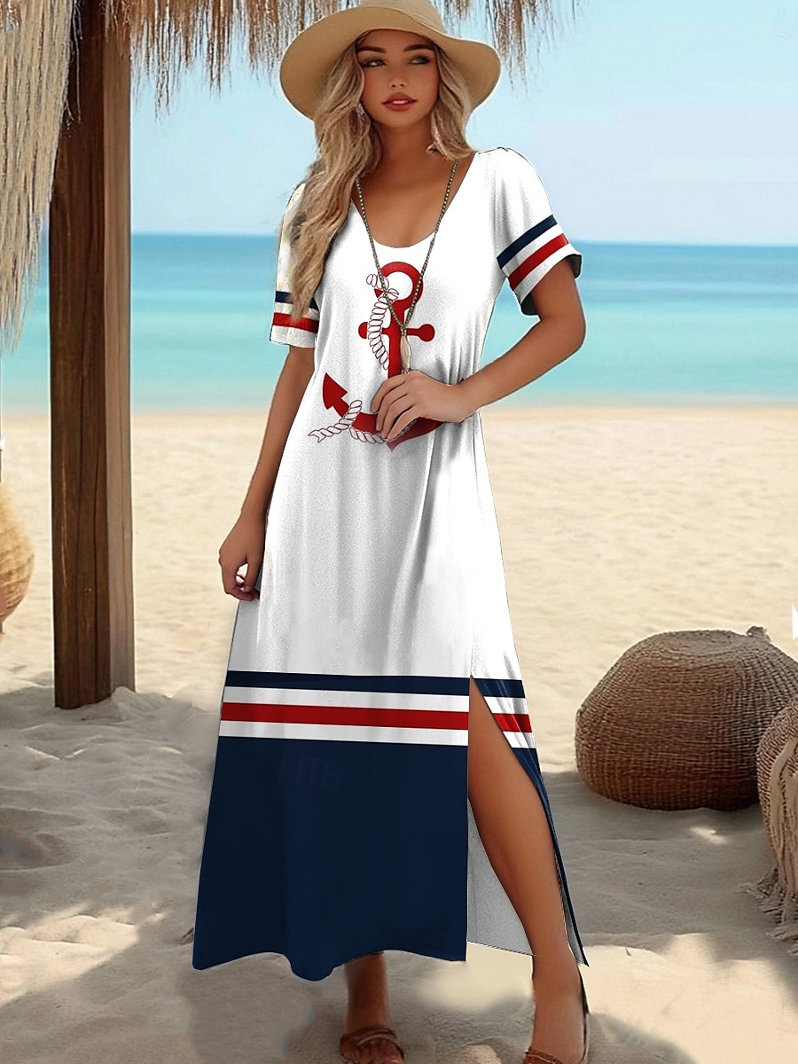 Dámské maxi šaty tričkové šaty tee šaty sluneční šaty shift šaty letní šaty dovolená tropické stylové dovolená párty prázdniny regular fit geometrické pruhy krátký rukáv kulatý výstřih bílé temné 2025 - $23.99 –P6