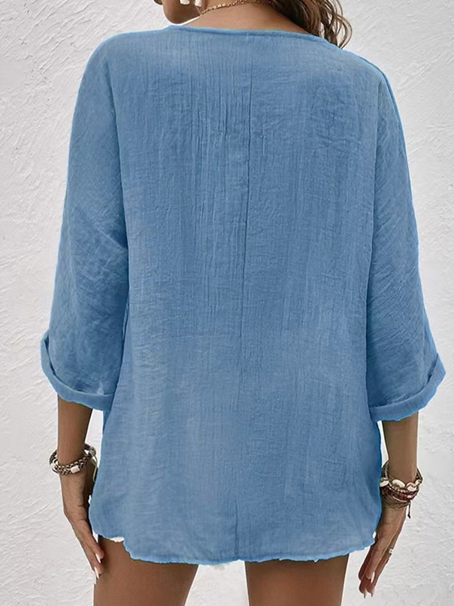 Damen Hemd Baumwoll-Leinen-Hemden Knopfleiste Bluse Einfach Basic Modern Langarm V Ausschnitt Normale Oberteile Täglich Ferien Knöpfe Rosa Blau Purpur Grün Khaki Sommer 2025 - $13.99 –P5