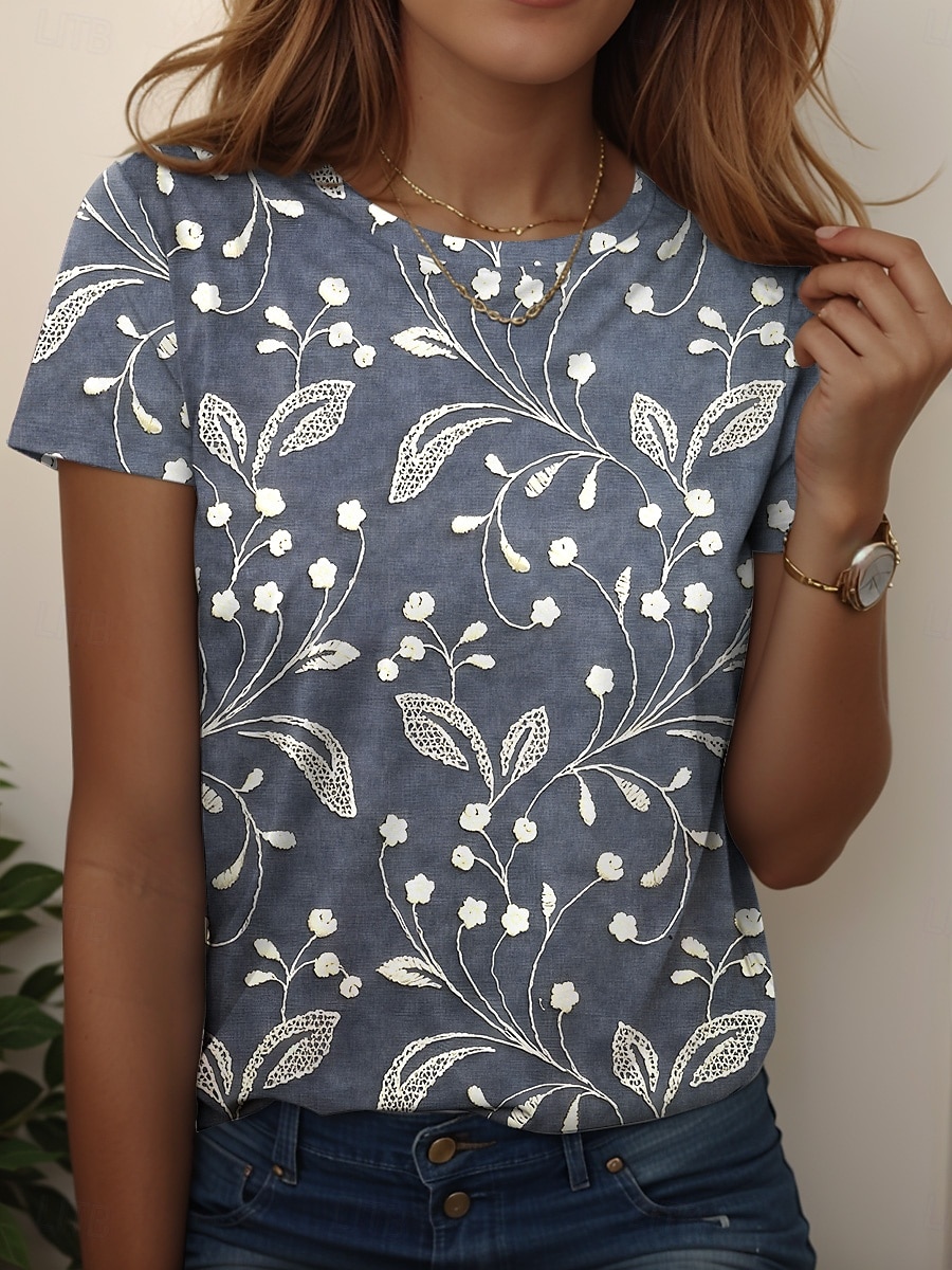 Femmes T-shirt Fleuri Graphique Vintage Élégant Occasionnel Manche Courte Col rond Hauts Réguliers Quotidien Week-end Imprimé Jaune Rouge Bleu Bleu clair Été Printemps de 2025 ? $19.99 –P2
