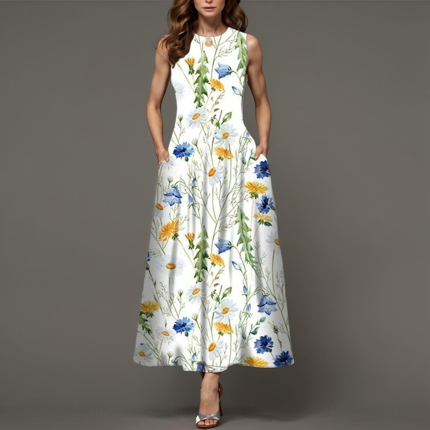 Per donna Vestito maxi Abito casual Abito linea A Moda Informale Da mare Giornaliero Standard Floreale Senza maniche Girocollo Nero Bianco Giallo Verde chiaro Estate del 2025 a $28.99 –P4