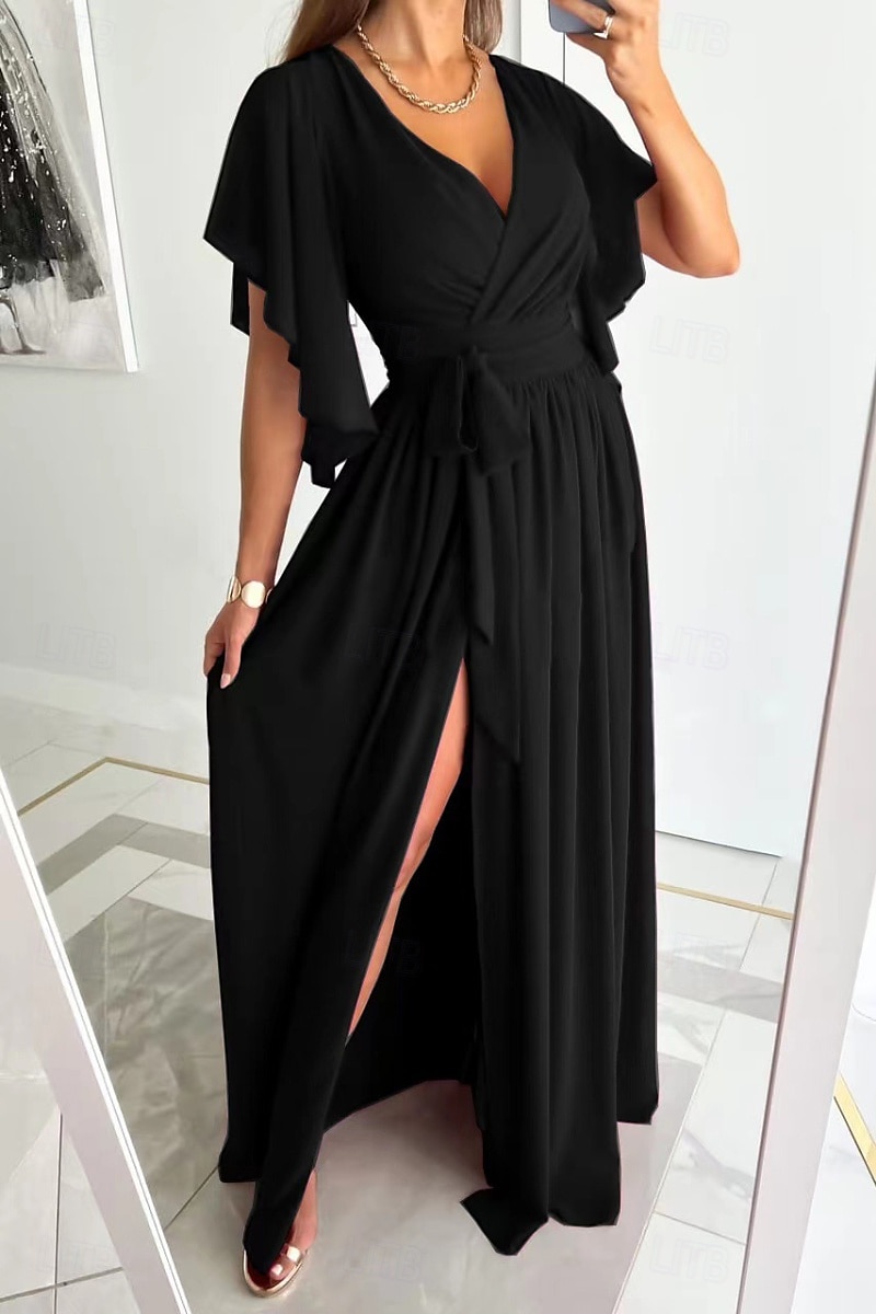 Damen kleid lang Formelle Kleidung Modisch Trompetenärmel Party Verabredung Regular Fit Glatt Kurzarm V Ausschnitt Schwarz Rote Blau Khaki Sommer 2025 - $23.99 –P8