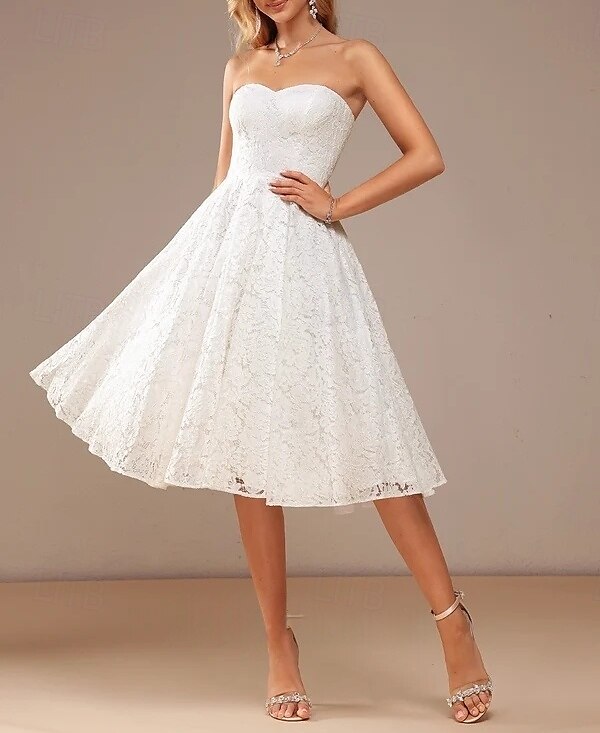 Impegno Piccola Laurea Abiti Bianchi Abiti da Sposa A-Line Cuore Senza Spalline Lunghezza Tè Abiti da Sposa in Pizzo con Pieghe di Colore Solido 2025 del 2025 a $152.99 –P3