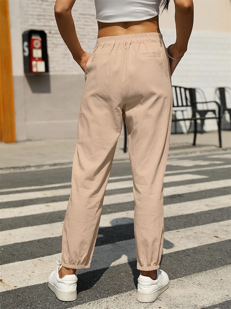 Women's Baggy Pants Chinos Fashion Streetwear Full Length Medium Waist Plain Pocket Drawstring Comfy Soft Comfortable Linen Like Micro-elastic Outdoor Street Black White Army Green Khaki Summer 2025 - $25.99 –P10