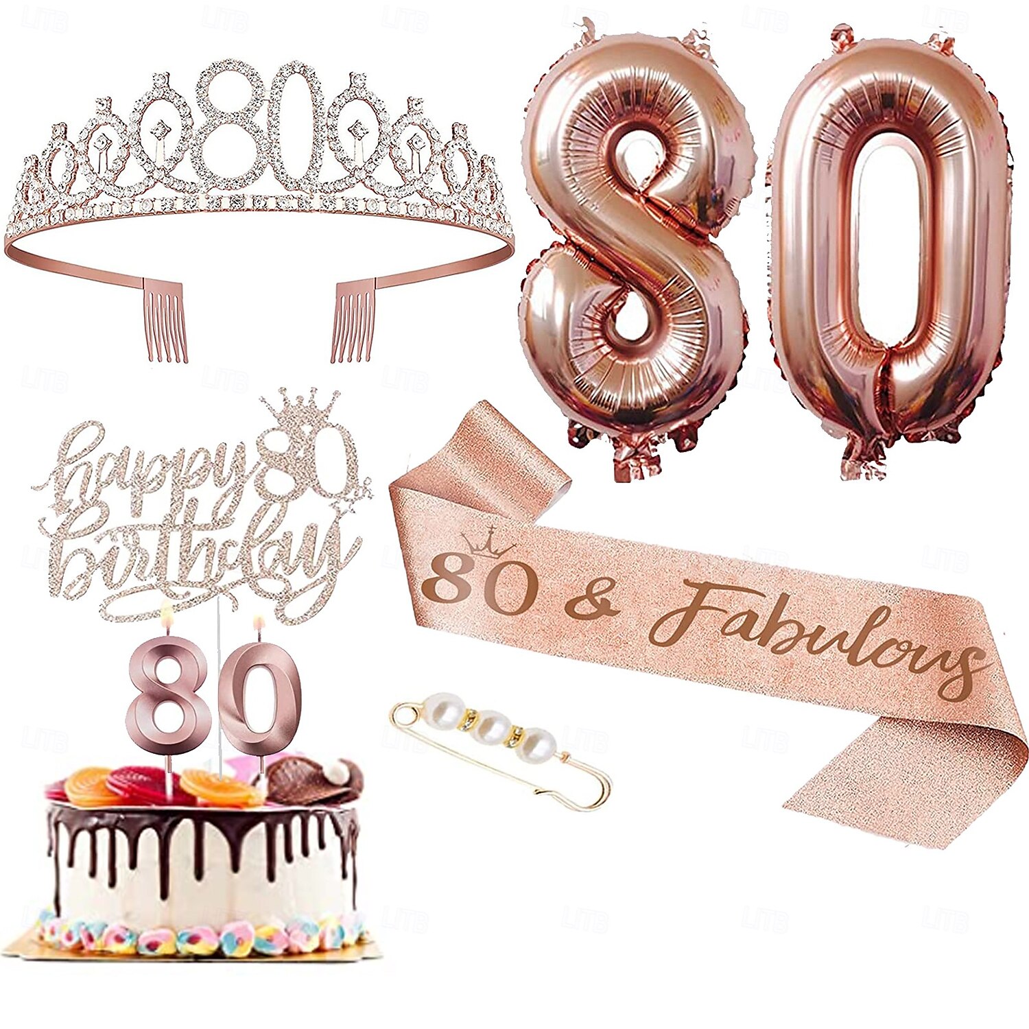 set deluxe da 6 pezzi per festa di compleanno in oro rosa - numeri di palloncini (10-80), tiara, fascia, candeline per torta, cake topper - per bambine & donne del 2025 a $13.99 –P10