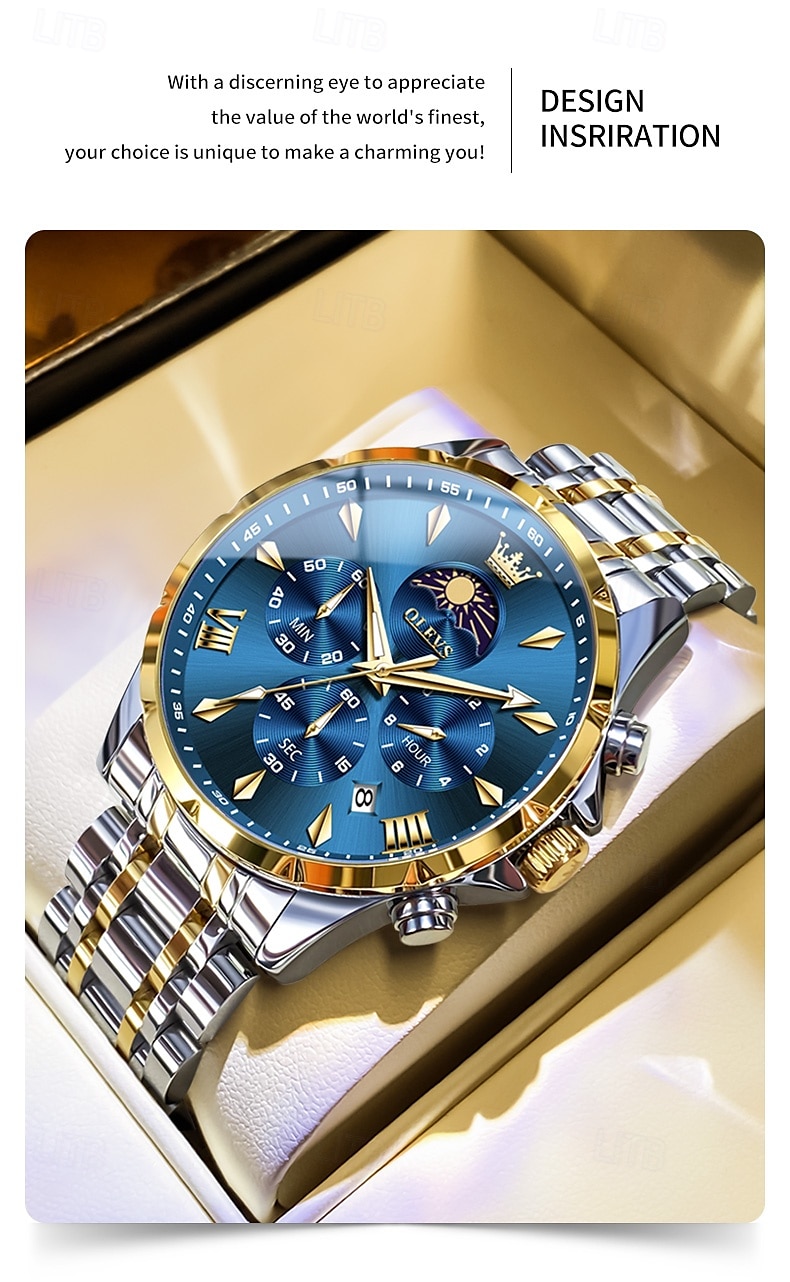 olevs 3653 herenhorloge quartzhorloge multifunctioneel chronograafhorloge voor heren 30m waterdicht lichtgevend maanfase stalen horloge 2025 - $43.99 -P2