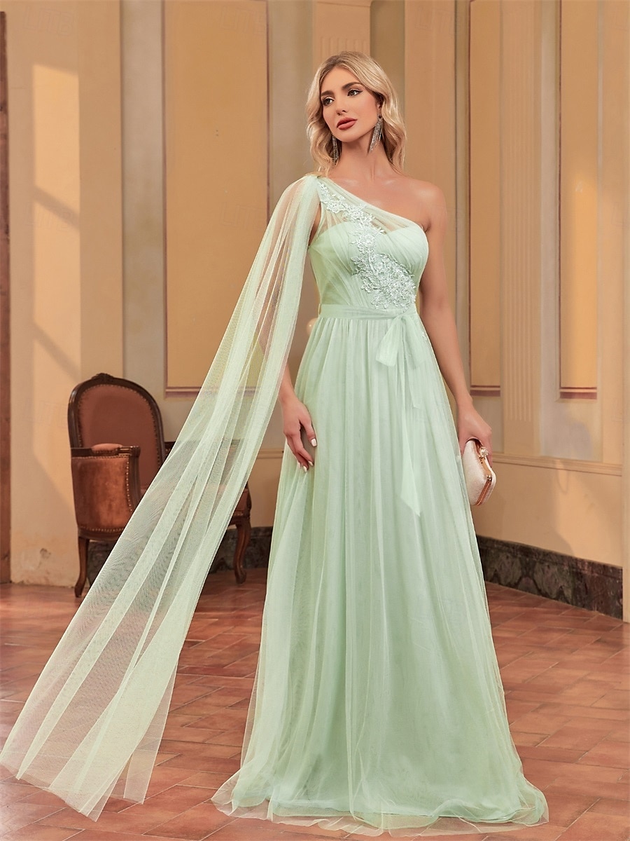 Sukienki A-line na quinceanera elegancka sukienka weselna dla gości długości do ziemi bez rękawów jedno ramię szyfonowa z aplikacjami 2025 - $113.99 –P6