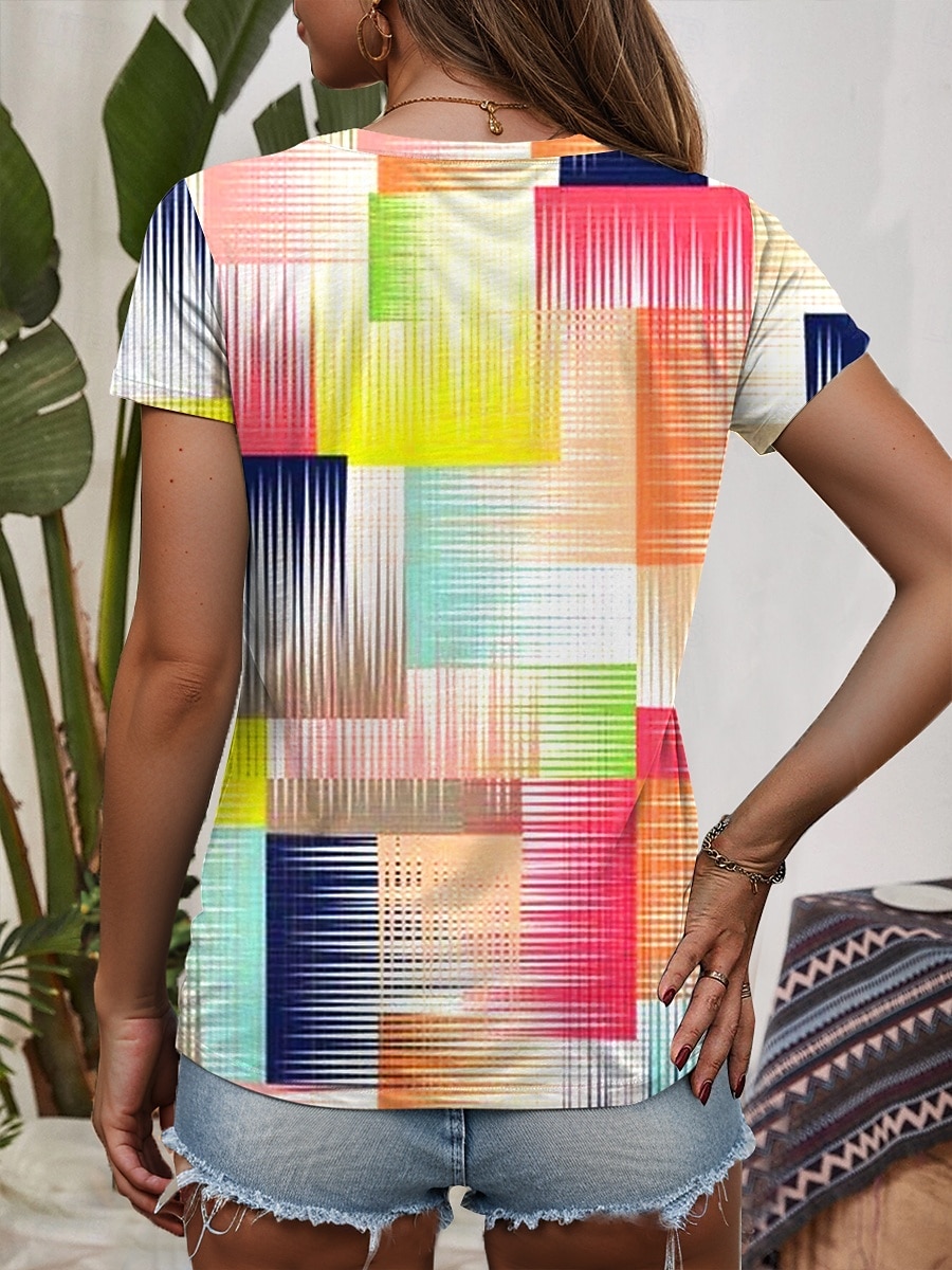 Pentru femei Tricou Ombre Grafic Geometric Casual Manșon scurt În V Topuri obișnuite Zilnic Imprimeu Curcubeu Vară Primăvară 2025 - $19.99 –P2
