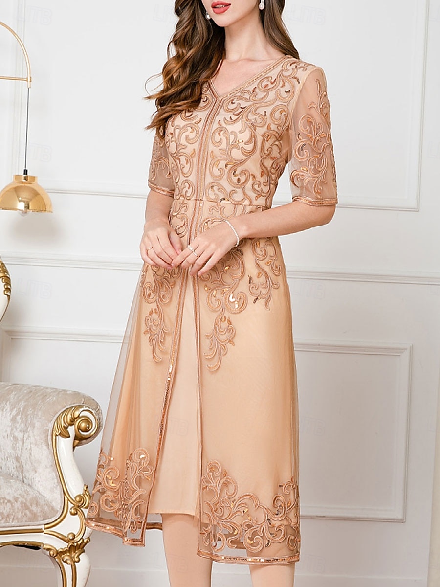 Robe Robe de Mère de Mariée  robe demoiselle d honneur Élégant Style Chinois Col en V Mi-long Polyester Mélange de coton Demi Manches avec Broderie 2025 de 2025 ? $119.99 –P6