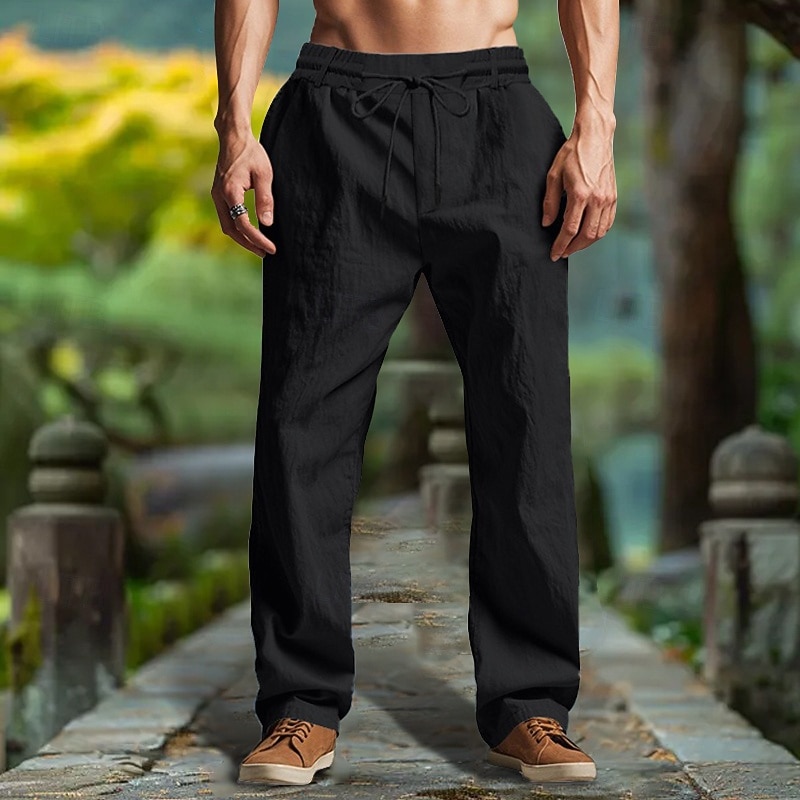 Men's Linen Pants Trousers Summer Pants Beach Pants Drawstring Elastic Waist Straight Leg Plain Comfort Breathable Full Length Outdoor Casual Daily Fashion Retro Vintage Black White 2025 - $23.99 –P6