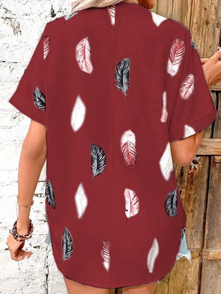 Women's Shirt Feather Stylish Casual Short Sleeve Shirt Collar Regular Tops Daily Buttons Print Black White Pink Wine Blue Summer Spring 2025 - $19.99 –P18