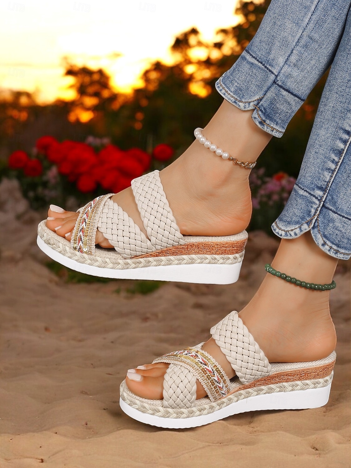 dámské pletené sandály na klínku – sandály na platformě ve stylu boho s korálkovými detaily pro letní, plážové a ležérní outfity 2025 - $24.99 –P2