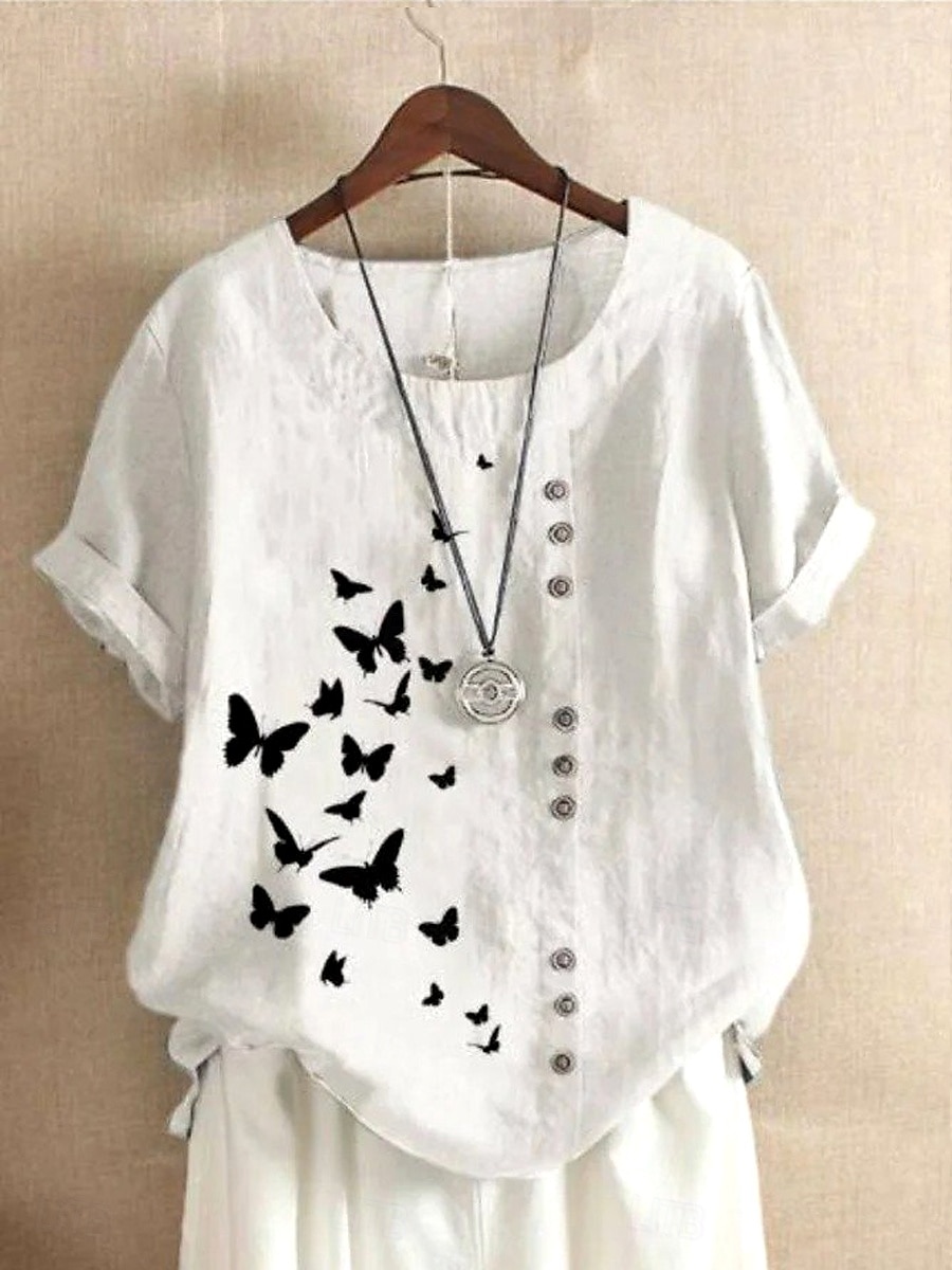 Camicia da donna in lino blusa grafiche farfalla vintage casual maniche corte collo rotondo top regolari quotidiani per uscire stampa bianca estate primavera del 2025 a $22.99 –P1