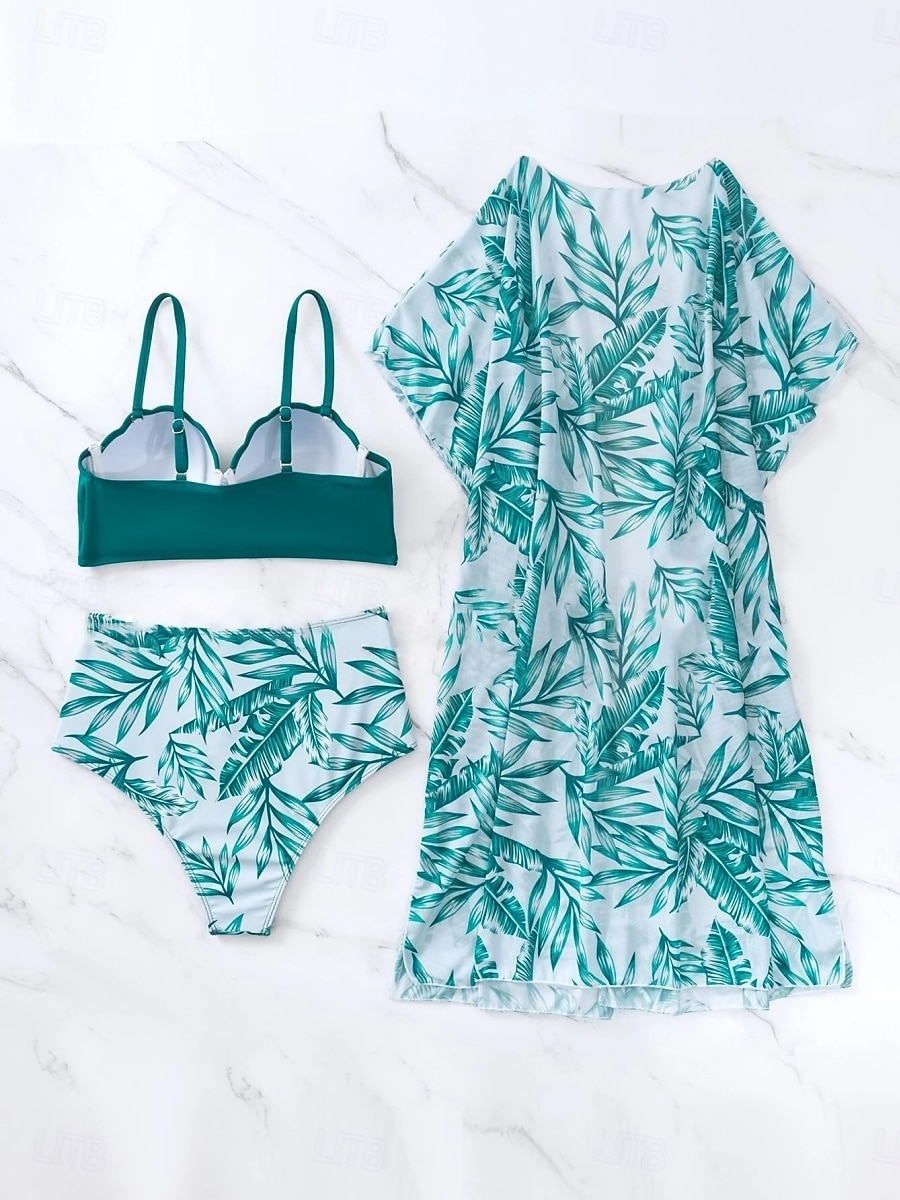Kvinnors Baddräkter Bikini Tre Delad Troser Baddräkt Rygglös Mage Kontroll Hög Midja Slim Semester Strandkläder Löv V Nack Långärmad Baddräkter 2025 - $31.99 –P9