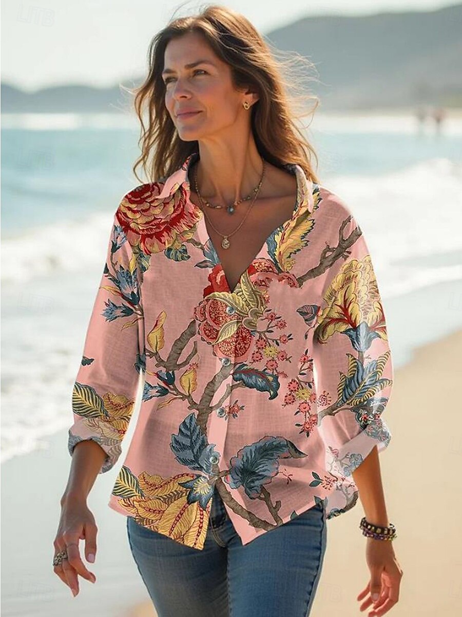 Damen Bluse Floral Grafik Stilvoll Lässig Leinenähnlich Langarmshirt Kragen Reguläre Tops Täglich Urlaub Leinenähnlich Ausgehen Knöpfe Weiß Pink Grün Sommer Frühling 2025 - $32.99 –P1