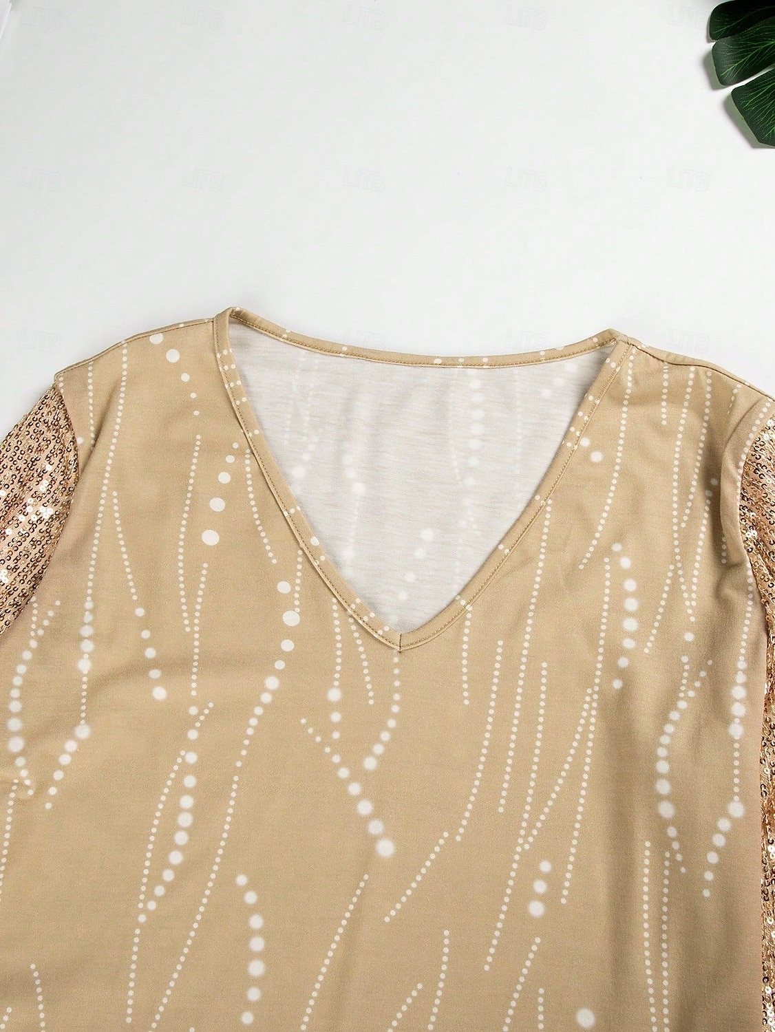 Blusa básica metalizada para mujer con estampado brillante, manga larga, cuello en V, fiesta, año nuevo, amarillo, gris, primavera y otoño 2025 - $27.99 –P3