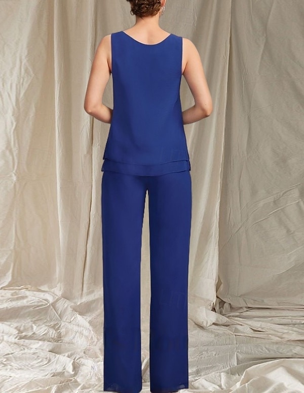 Jumpsuit / Pantsuit 3 Piece Mother of the Bride Dress Wedding Guest Elegant Crew Neck Floor Length Chiffon Long Sleeve with Beading 2025 - $143.99 –P6
