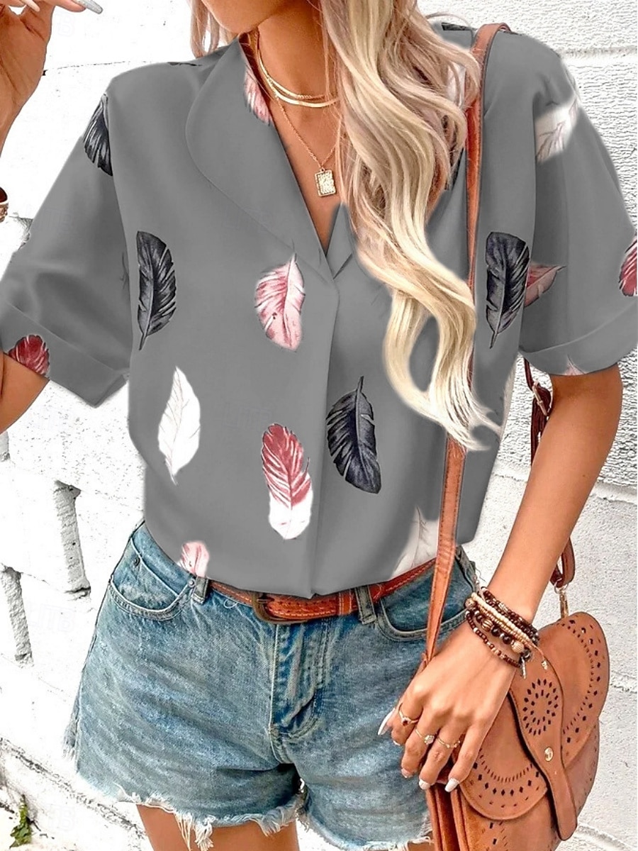 Women's Shirt Feather Stylish Casual Short Sleeve Shirt Collar Regular Tops Daily Buttons Print Black White Pink Wine Blue Summer Spring 2025 - $19.99 –P13