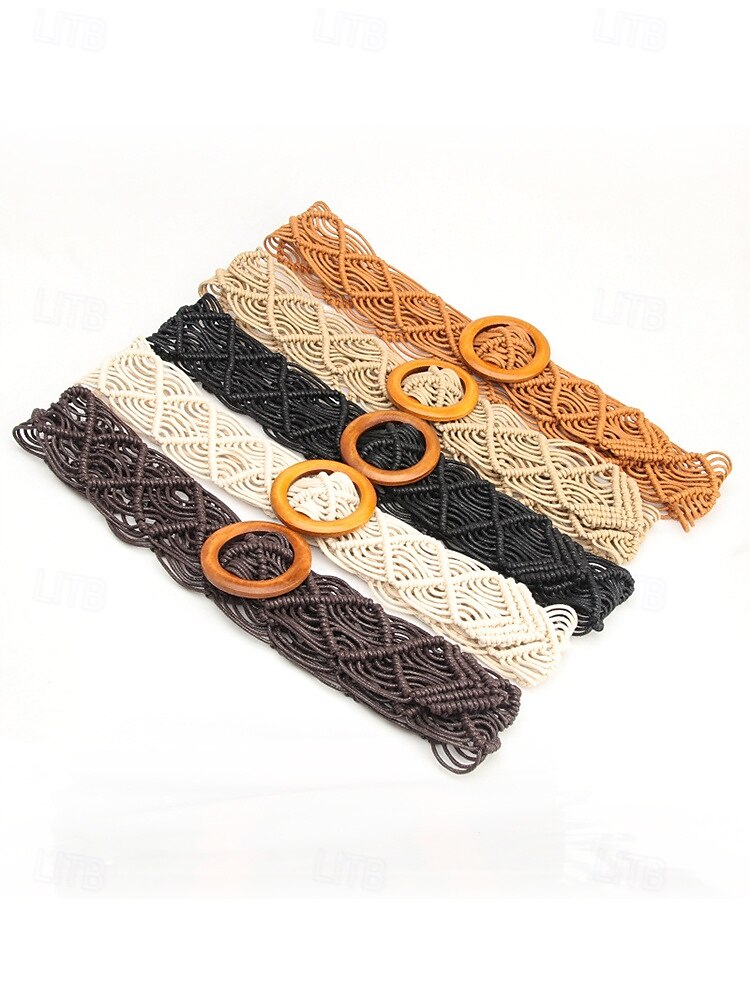 tkaný opasek boho macrame pro ženy – ručně vyrobený široký bederní pás s dřevěnou přezkou, vintage chic styl pro šaty, ležérní outfity a letní plážové oblečení 2025 - $11.99 –P6