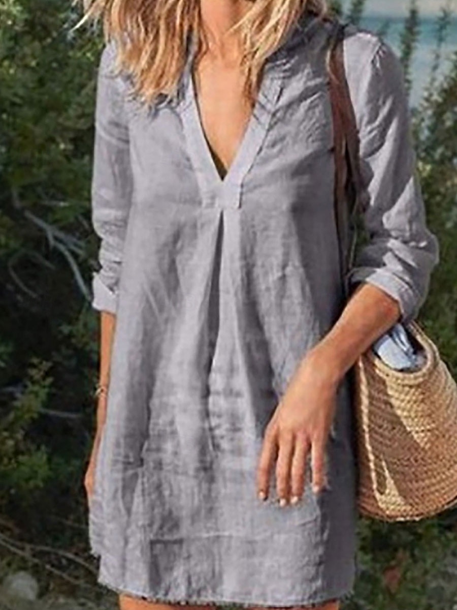Women's Mini Dress Shift Dress Linen Casual Daily Regular Fit Graphic Long Sleeve V Neck Black White Wine Gray Summer 2025 - $19.99 –P4