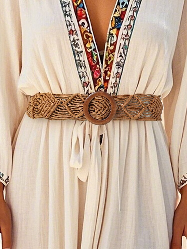 tkaný opasek boho macrame pro ženy – ručně vyrobený široký bederní pás s dřevěnou přezkou, vintage chic styl pro šaty, ležérní outfity a letní plážové oblečení 2025 - $11.99 –P2