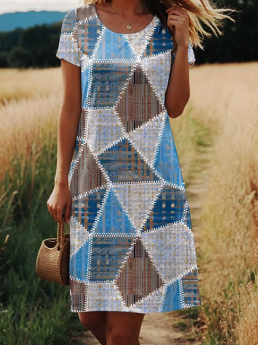 Mini sukienka dla kobiet sukienka w kształcie litery A sukienka T-shirt sukienka letnia stylowa casual codziennie regularny krój graficzna geometryczna krótki rękaw okrągły dekolt niebieska fioletowa 2025 - $23.99 –P1