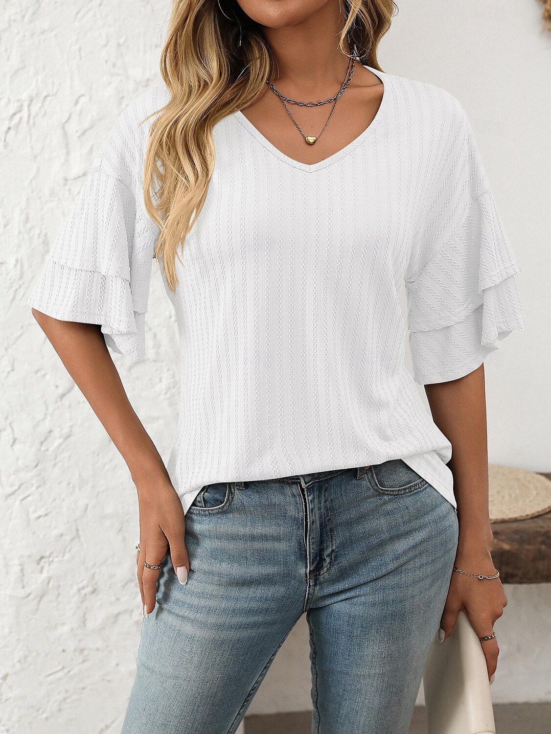 Women's T Shirt Plain Fashion Modern Short Sleeve V Neck Regular Tops Daily Ruffle Black White Wine Sky Blue Fuchsia Summer 2025 - $14.49 –P9
