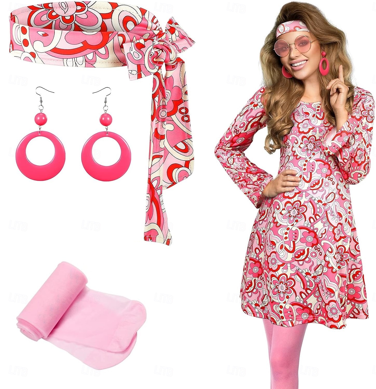 Retro / vintage 1960 luku 1970 luku Cosplay-Asut Asut Tarvikesarja Hippi Naisten Karnevaali Naamiaiset Suoritus Juhla Pride-paraati Aikuisten Leninki Korvakorut Pääpanta 2025 - $26.99 –P1