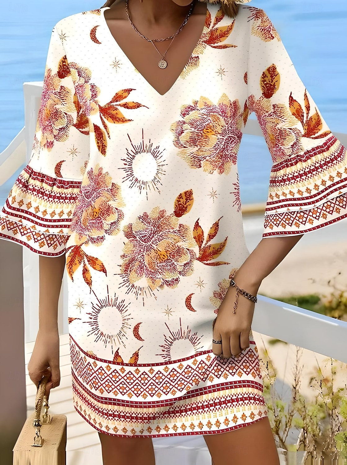 Női Mini Ruha A Vonalú Ruha Napernyős Ruha Ruffled Ruha Üdülés Hétköznapi Boho Üdülés Napi Kimenő Szabályos Fit Virágos Grafikai Trópusi 3/4 Hosszú Ujjú V Nyak Sárga Nyár Tavasz 2025 - $46.99 –P3