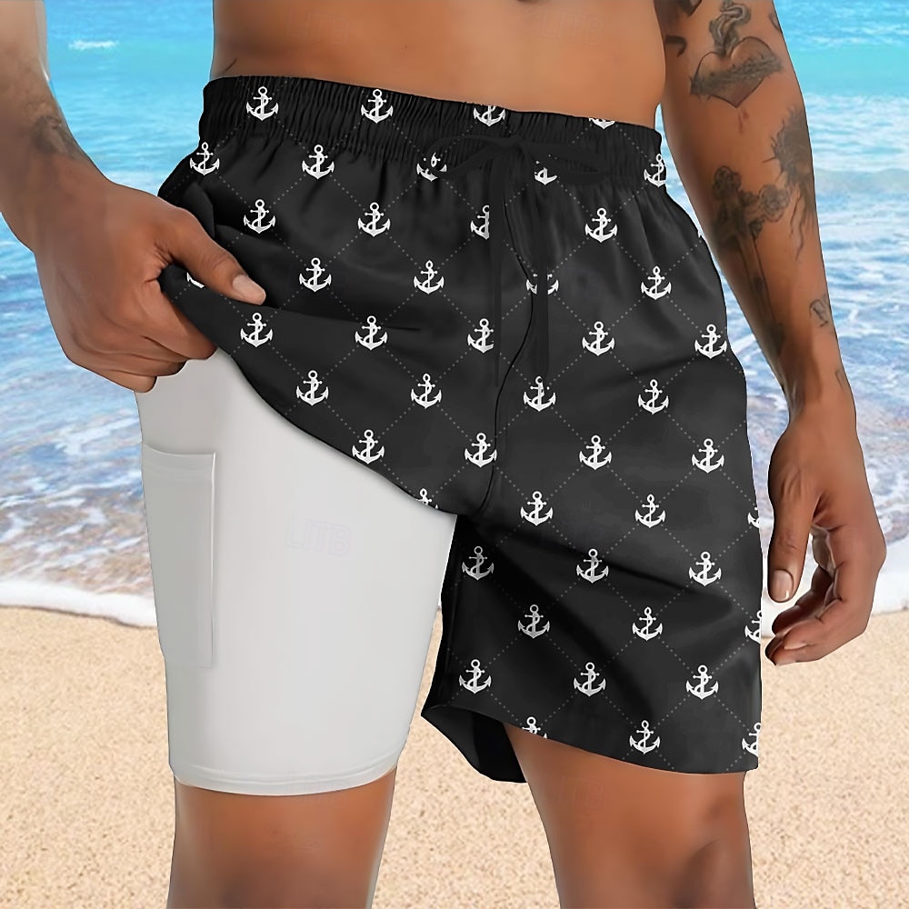 Férfi Tengeri Horgony Bélelt rövidnadrág 2 az 1-ben úszónadrág Úszónadrágok Közepes csípő Hawaii Vakáció Szabadság Strandruházat Oldalzsebek Compression Linerrel Elasztikus húzózsinóros derékrész 2025 - $21.99 –P5