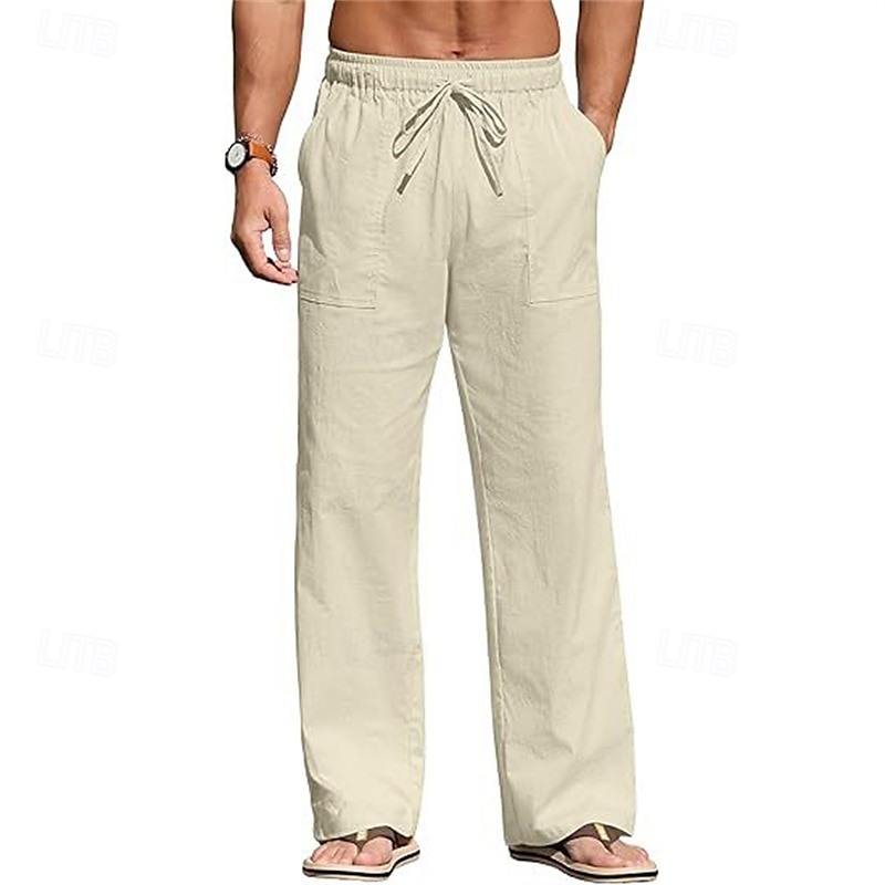 Men's Linen Pants Trousers Summer Pants Beach Pants Pocket Drawstring Elastic Waist Plain Comfort Breathable Vacation Daily Holiday Hawaiian Boho Black White 2025 - $18.99 –P9