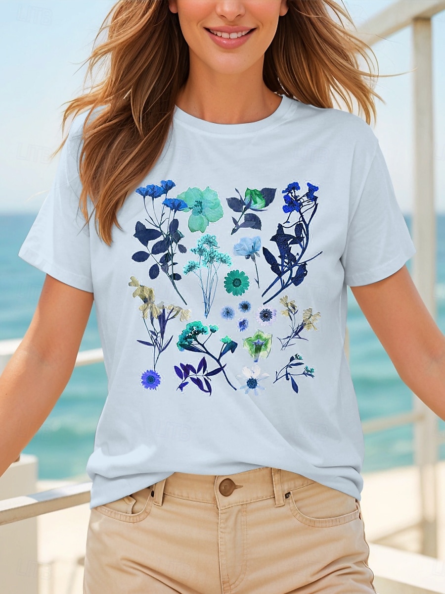 Pentru femei Tricou Cămașă din bumbac Floral Grafic Casual Manșon scurt Rotund Topuri obișnuite Zilnic Imprimeu Roz Îmbujorat Alburiu Albastru Deschis Vară 2025 - $19.99 –P7