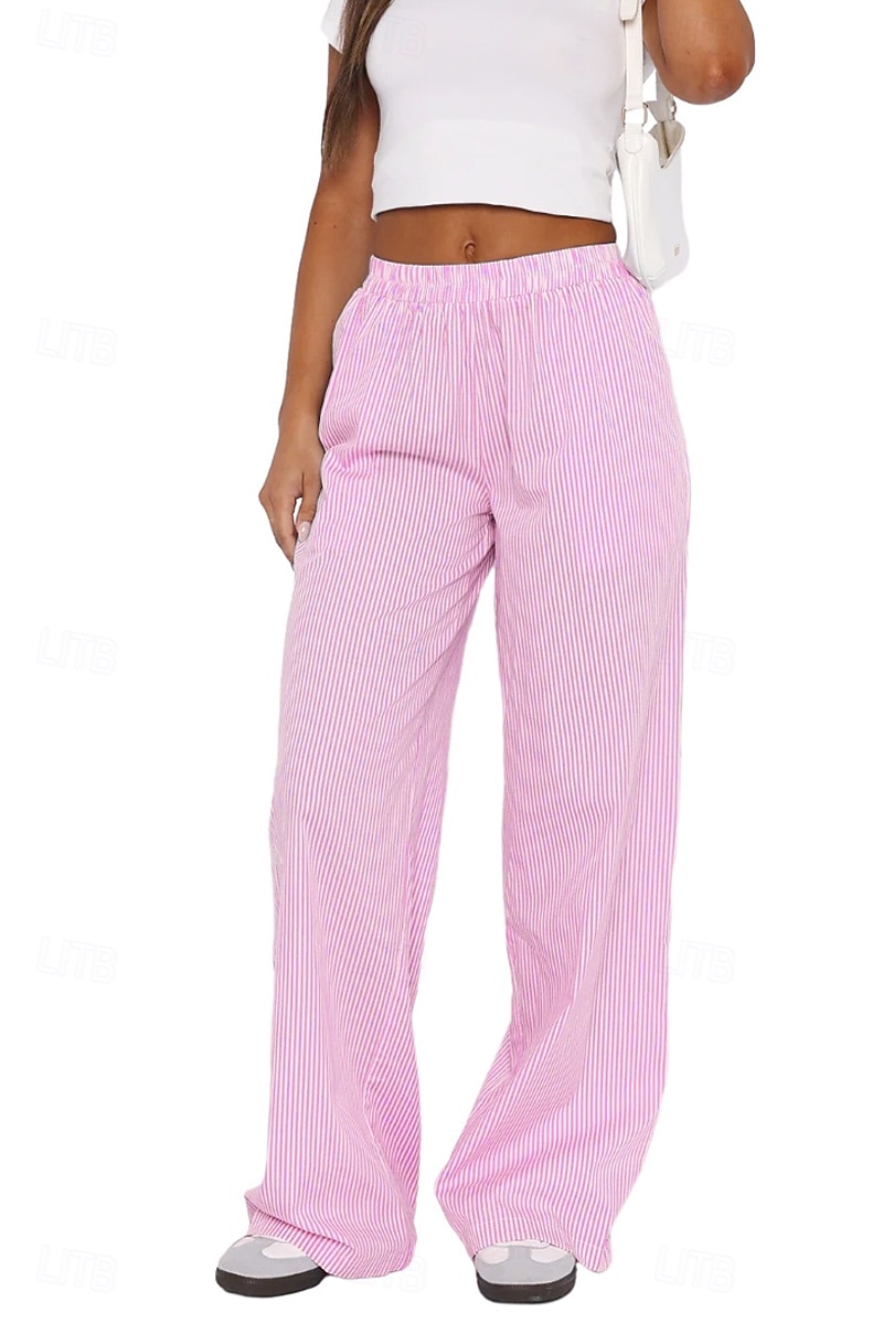 Damen Weites Bein Stoffhosen Mode Streetwear Volle Länge Natürliche Taille Gestreift Tasche Elastischer Bund Bequem Straße Ausgehen Rosa Blau Sommer Normale Passform 2025 - $26.99 –P7