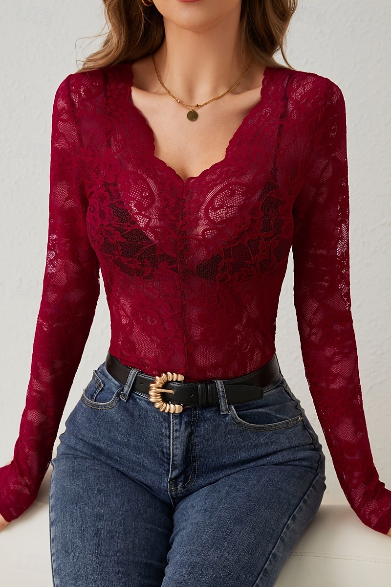 Damen Spitzenhemd Bluse Glatt Stilvoll Langarm V Ausschnitt Normale Oberteile Täglich Ausgehen Spitze Schwarz Weiß Wein Sommer 2025 - $17.49 –P12