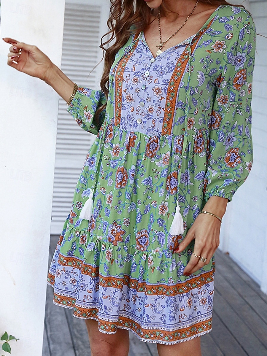 Dam Mini klänning Vardagsklänning Sommarklänning Boho-klänning Mode Utomhus Semester Dagligen Normal Blommig 3/4 ärm V-hals Gul Rodnande Rosa Blå Grön Sommar 2025 - $24.99 –P1