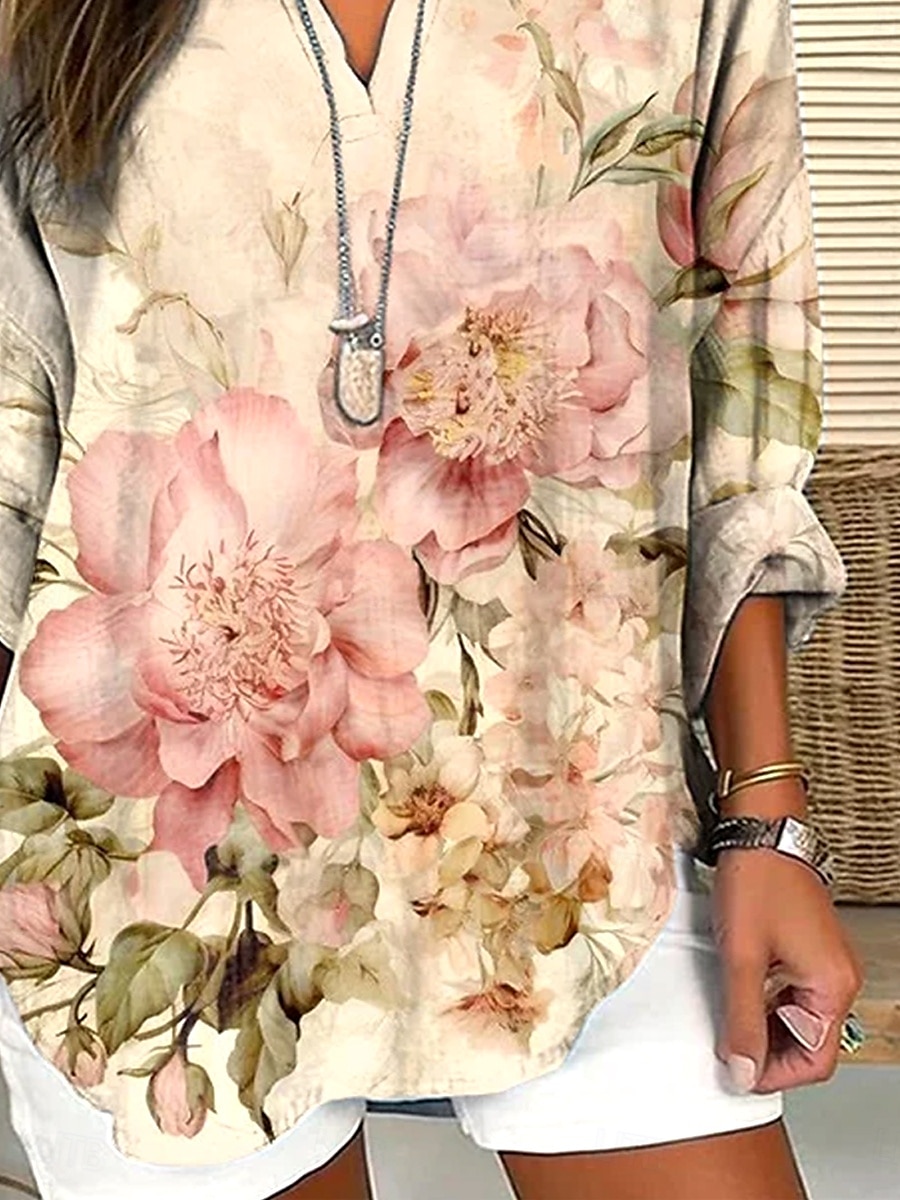 Damen Bluse Blumen Hawaiianisch Basic Lässig Langarm V Ausschnitt Normale Oberteile Täglich Ferien Knöpfe Druck Aprikose Sommer Frühling 2025 - $24.99 –P3