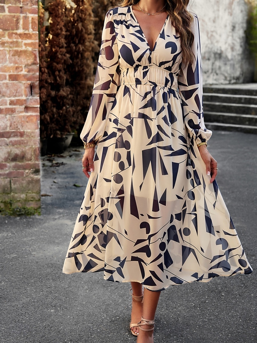 Women's Midi Dress A Line Dress Fit And Flare Dress Puff Sleeve Dress Vacation Casual Vacation Daily Regular Fit Graphic Long Sleeve V Neck Red Blue Green Apricot Summer 2025 - $46.99 –P13