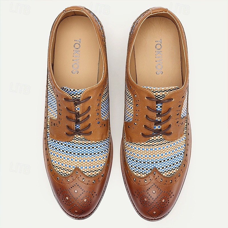 heren brogue oxfords van imitatieleer met blauwe nylon geweven inzetstukken - zakelijke vrijetijdskleding 2025 - $54.99 –P3
