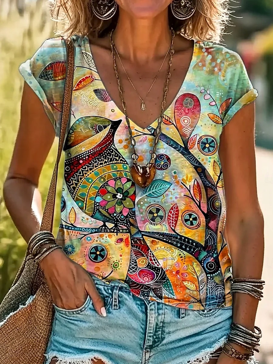 Top de măsuță pentru femei cu design grafic boho abstract casual fără mâneci guler rotund potrivit pentru purtarea zilnică weekenduri și vacanțe imprimeu verde salvie vară 2025 - $19.99 –P1