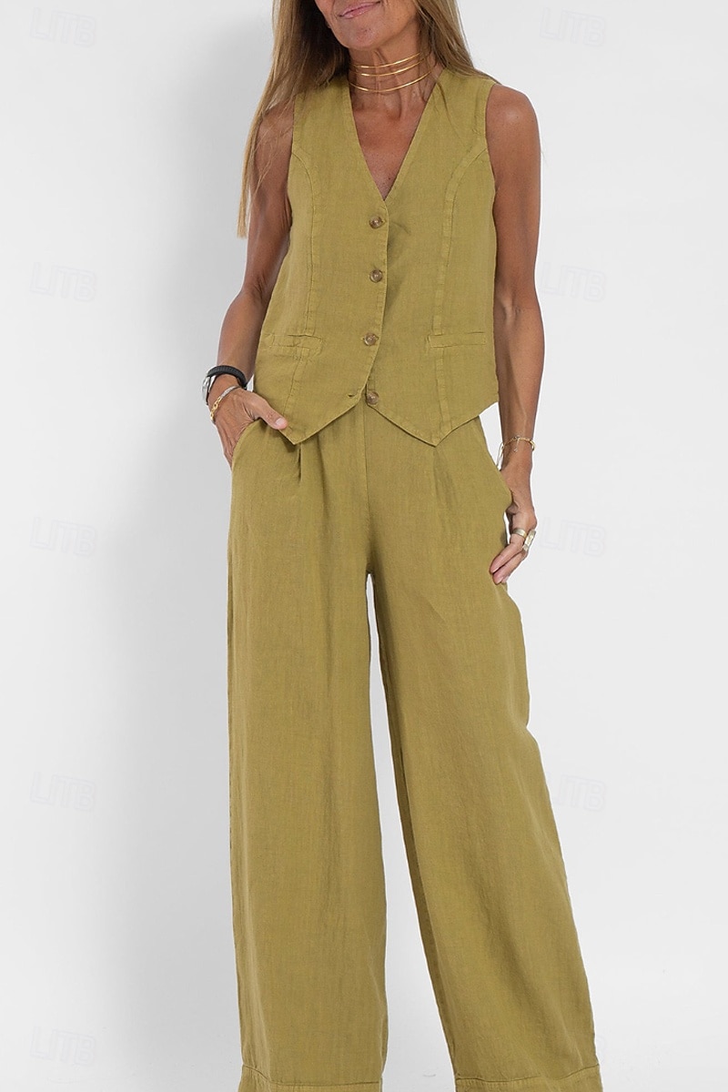Women's Active Basic Linen-Inspired Sets Two Piece Sets Blouse Sleeveless V Neck Solid Color Dubbele Rij Knopen Vacation Casual Daily Black White Wine Summer Regular Fit 2025 - $26.99 –P5