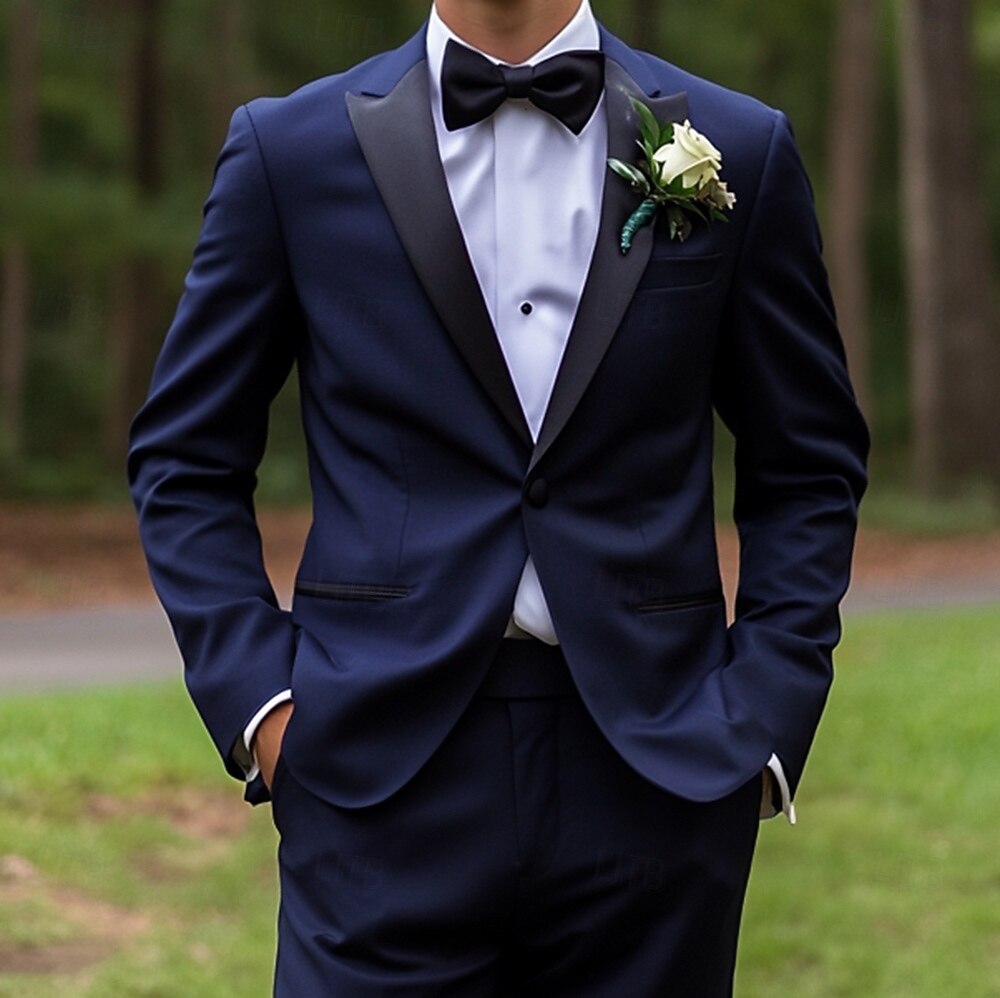 abiti da ballo di fine anno da uomo smoking blu navy di lusso formali tinta unita vestibilità standard 2 pezzi monopetto un bottone del 2025 a $122.99 -P2