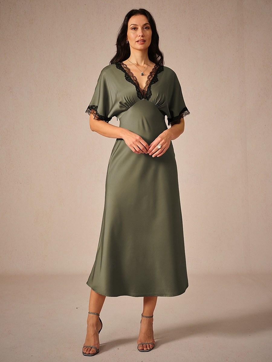 Femme Robe Maxi Robe Fourreau Elégant mode Mariage Soirée du quotidien Standard Couleur unie Manche Courte Col V Olive Eté de 2025 ? $49.99 –P1